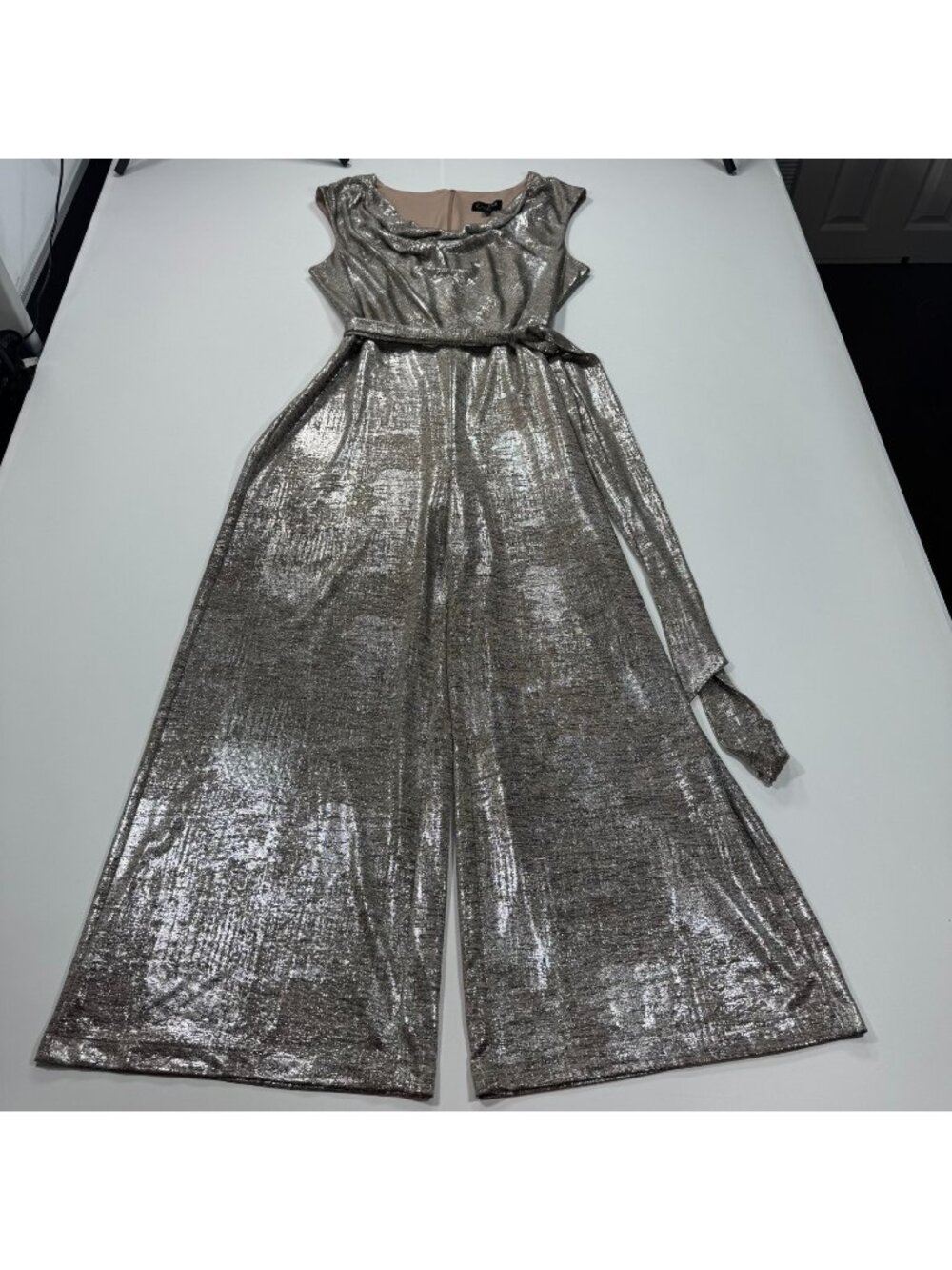 Connected One-Piece Women's 14 Gray Polyester Jumpsuit Metallic Wide-Leg Belted